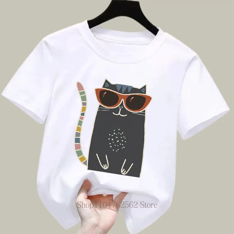 Kawaii Cat Print Children T-Shirt Summer Casual Fashion Girls Boys Funny Tops Kids Colorful O-Neck Short Sleeve T-shirts