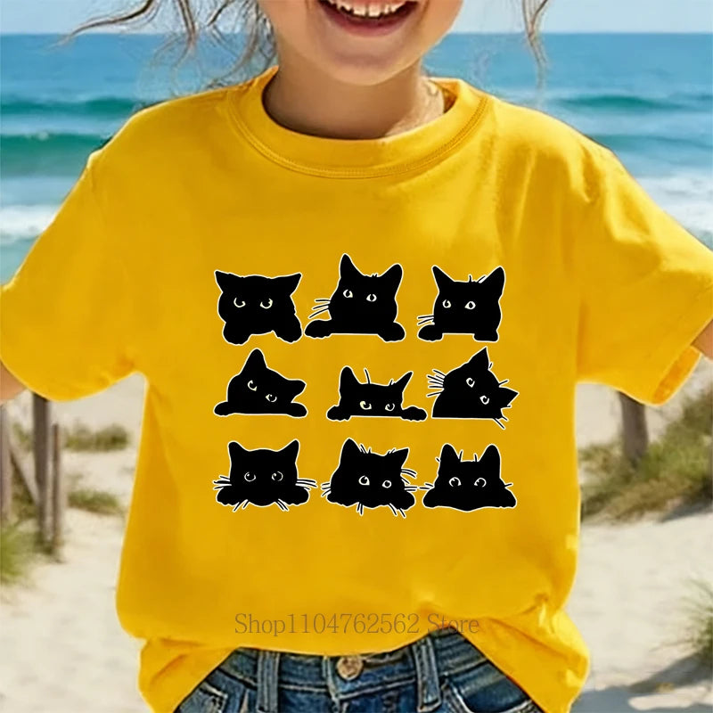 Cute Cartoon Cat Print T-shirts Children Clothing Summer Girls Boys Fashion Funny Tops Kids Colorful O-Neck Short Sleeve T-shirt