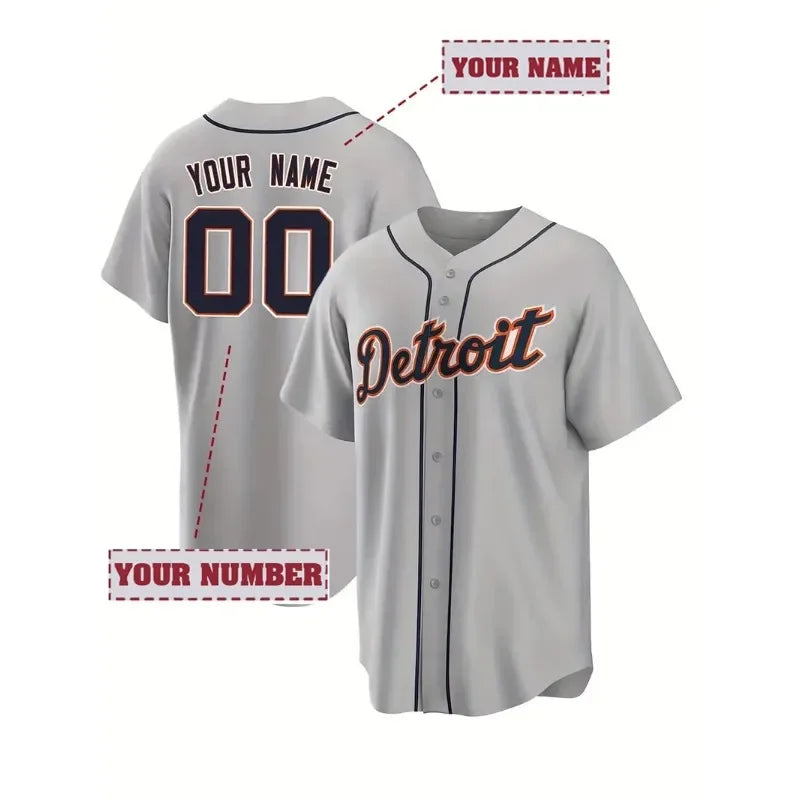 Customized Name And Number Men's Embroidery Baseball Jersey Detroit Grey V-Neck Personalized Short Sleeve Button Down DIY Shirts