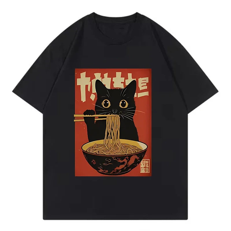 Funny Cat Eat Ramen Print T-shirt for Men Summer Casual Fashion Harajuku Japan Style Tops Cotton O-Neck Short Sleeve Tees