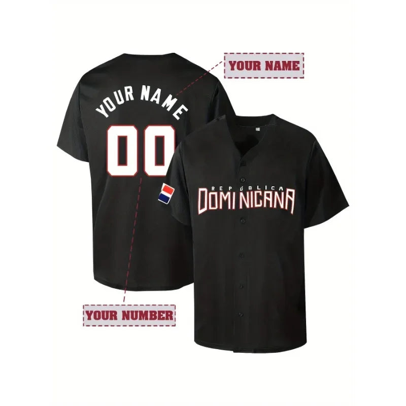 Customized Name And Number Men's Embroidery Baseball Jersey Dominica Black V-Neck Personalized Short Sleeve Button Down Shirts