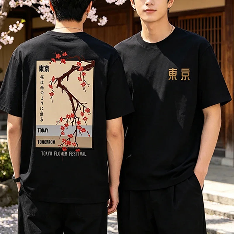 Japanese Style Flower Festival T-Shirt for Men Women Casual Fashion Harajuku Tops Loose Crew Neck Short Sleeve Cotton Tees