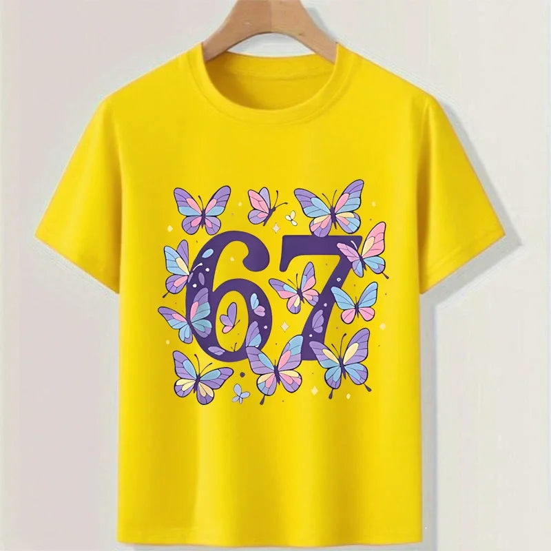 Butterfly Six Seven Print Children T-shirts Summer Girls Casual Fashion Funny Tops Kids Colorful Crew Neck Short Sleeve Tees