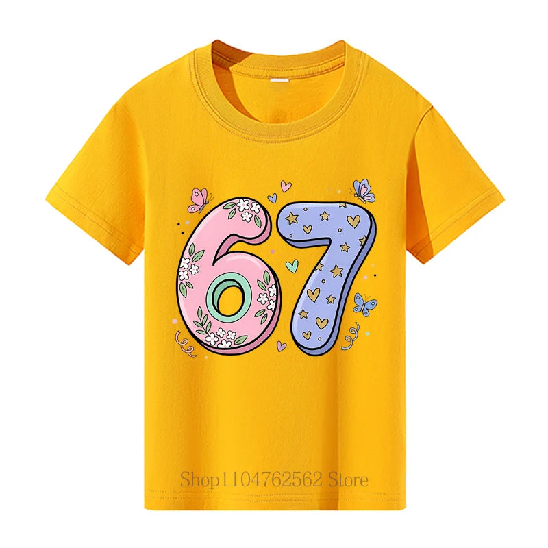 Pink Purple Six Seven Print Children T-shirts Summer Girls Casual Fashion Cute Funny Tops Crew Neck Short Sleeve Kids Tshirts