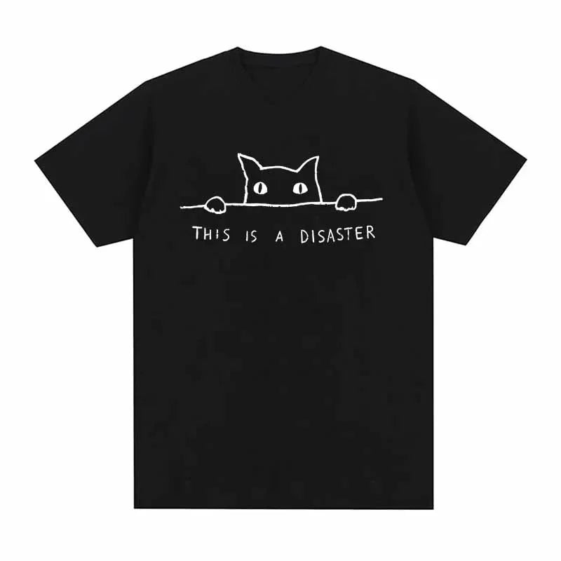 This Is a Disaster Funny Cat Print T-shirts Summer Men's Clothing Casual Fashion Minimalist Cotton Tops O-Neck Short Sleeve Tees