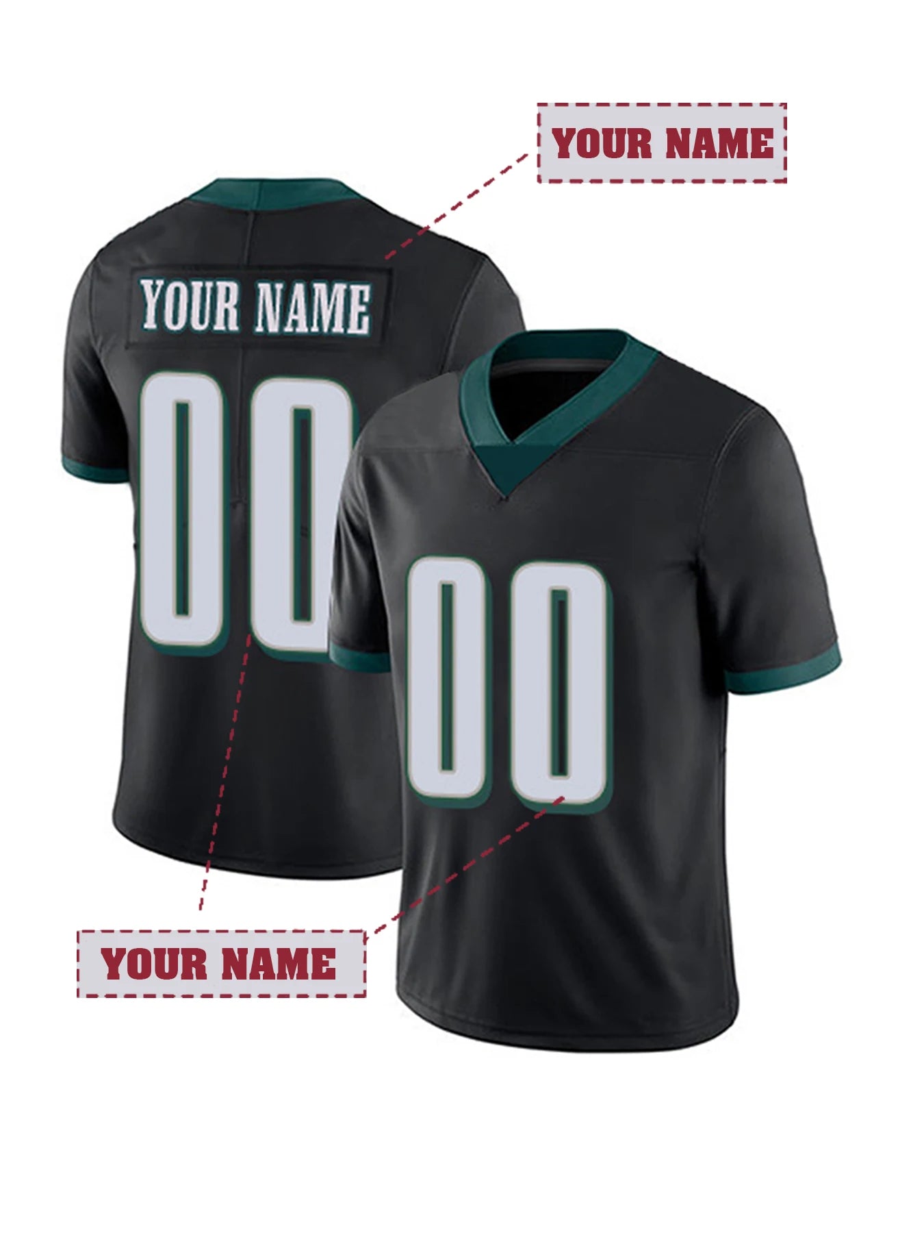 Customized Name And Number Men's Embroidered American Football Jersey Philadelphia Green V-Neck Personalized Short Sleeved Shirt