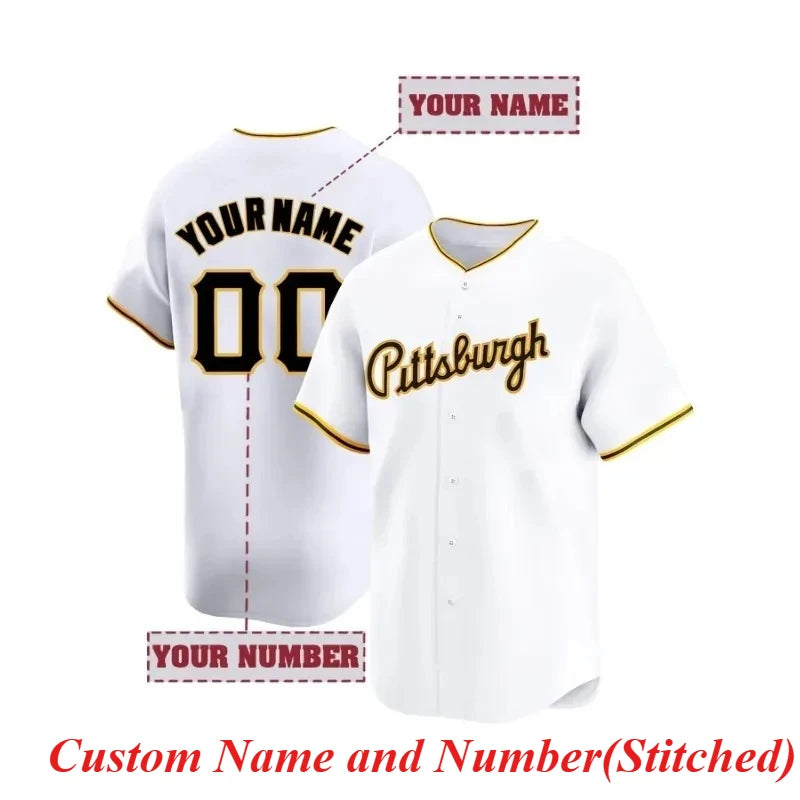 Customized Name And Number Men's Embroidery Baseball Jersey Pittsburgh White V-Neck Personalized Short Sleeve Button Down Shirts
