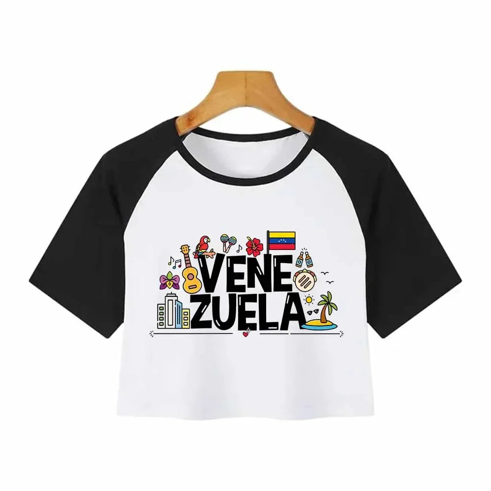 Venezuela Print Crop Top T-shirts for Women Summer Casual Fashion Streetwear Vintage Tops O-Neck Short Sleeve Crop Top Tees