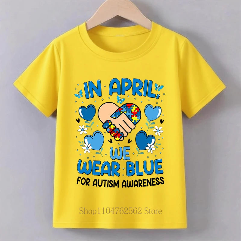 In April We Wear Blue Graphic T-shirts for Boys Girls Summer Children Casual Fashion Colorful Tops Kids O-Neck Short Sleeve Tees