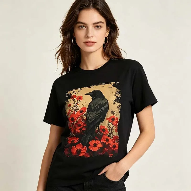 Retro Crow T-Shirt for Women Summer Casual Fashion Gothic Streetwear Harajuku Tops Vintage Crew Neck Short Sleeve Cotton Tees