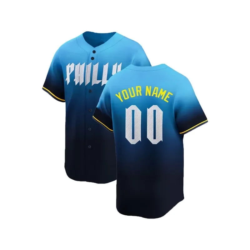 Customized Name And Number Men's Embroidery Baseball Jersey Philadelphia Gradient Personalized Short Sleeve Button Down Shirts