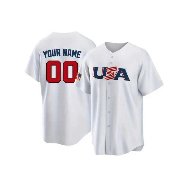 Customized Name And Number Men's Embroidered Baseball Jersey USA Breathable V-Neck Personalized Short Sleeved Shirt Men Clothing