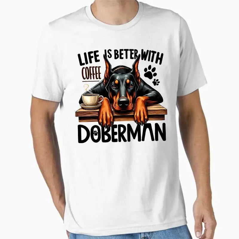 Coffee Doberman Print T-shirts for Men Summer Casual Fashion Funny Streetwear Cotton Tops Crew Neck Short Sleeve T-shirts