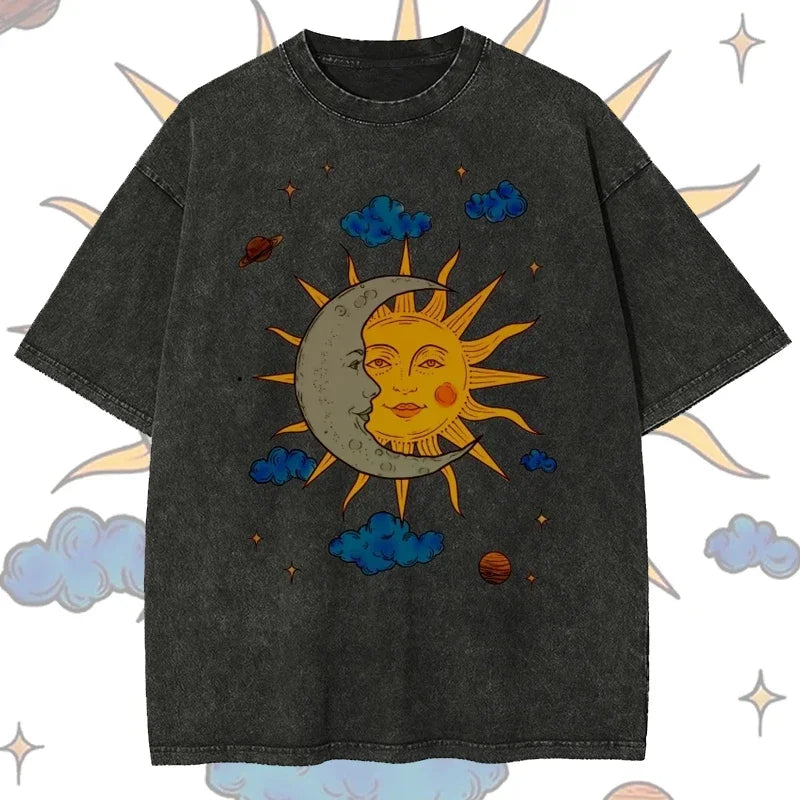 Women's Clothing Moon Sun Printed Washed T-shirt Summer Vintage Fashion Casual Tops O-Neck Short Sleeved Washed T-shirts