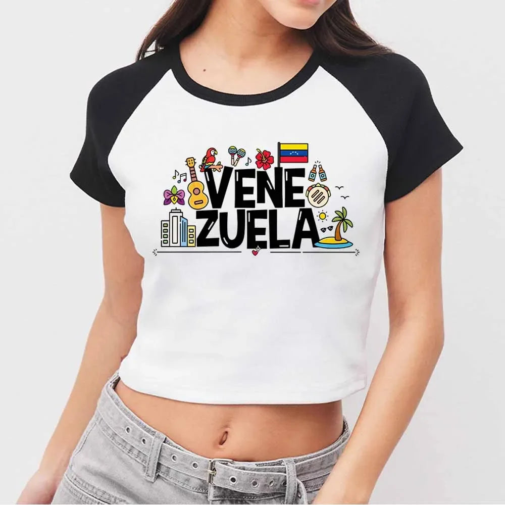 Venezuela Print Crop Top T-shirts for Women Summer Casual Fashion Streetwear Vintage Tops O-Neck Short Sleeve Crop Top Tees