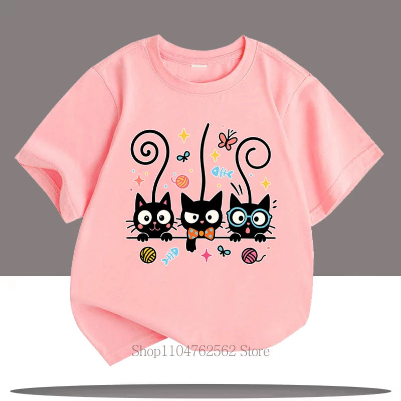 Three Cute Cats Graphic Teenager T-shirt Summer Casual Fashion Colorful Tops for Children Girls Crew Neck Short Sleeve Kids Tees