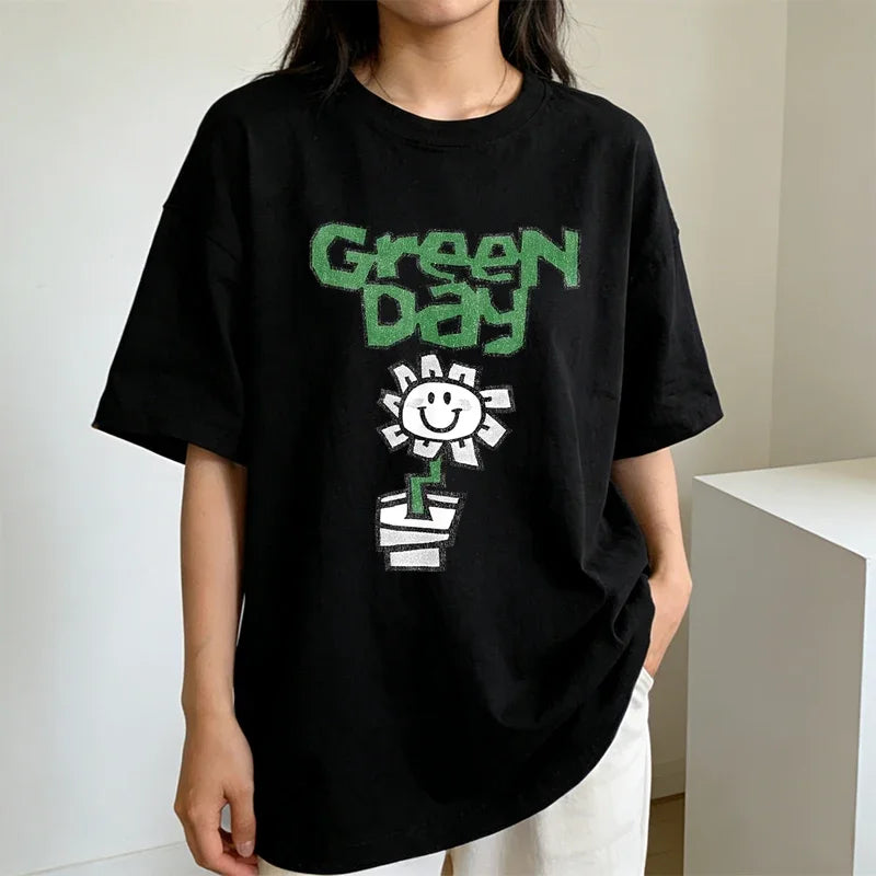 Green Flower Print T-Shirt for Women Summer Casual Fashion Streetwear Y2K Tops Loose High Quality Crew Neck Short Sleeve T-shirt